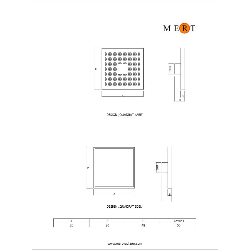 Mert Bodenablauf Design "Fliesen" komplett aus Edelstahl für Flieseneinsatz 200x200 mm sehr flach