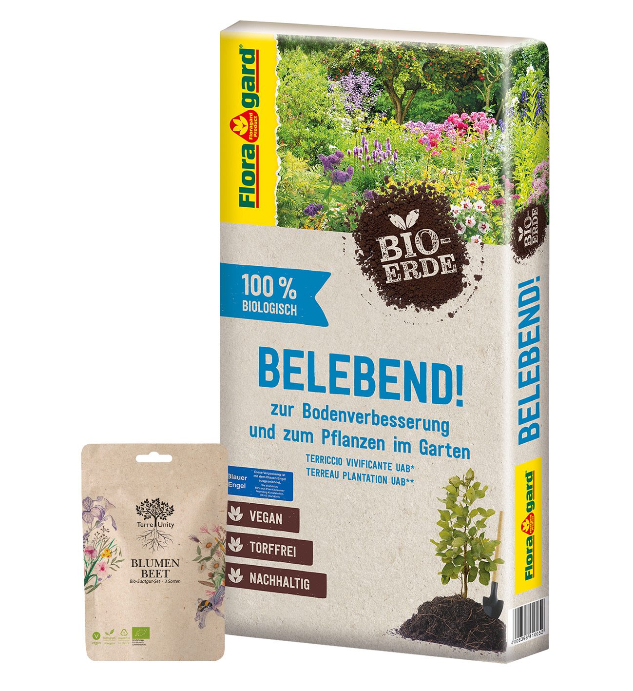 Floragard Bio-Erde Belebend 60 L & Terre Unity Bio Blumensamen-Set Bundle
