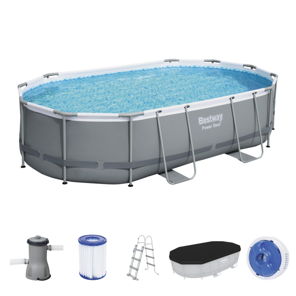 Bestway® Power Steel Frame Pool Komplett-Set eckig oval 305 x 305 x 107cm