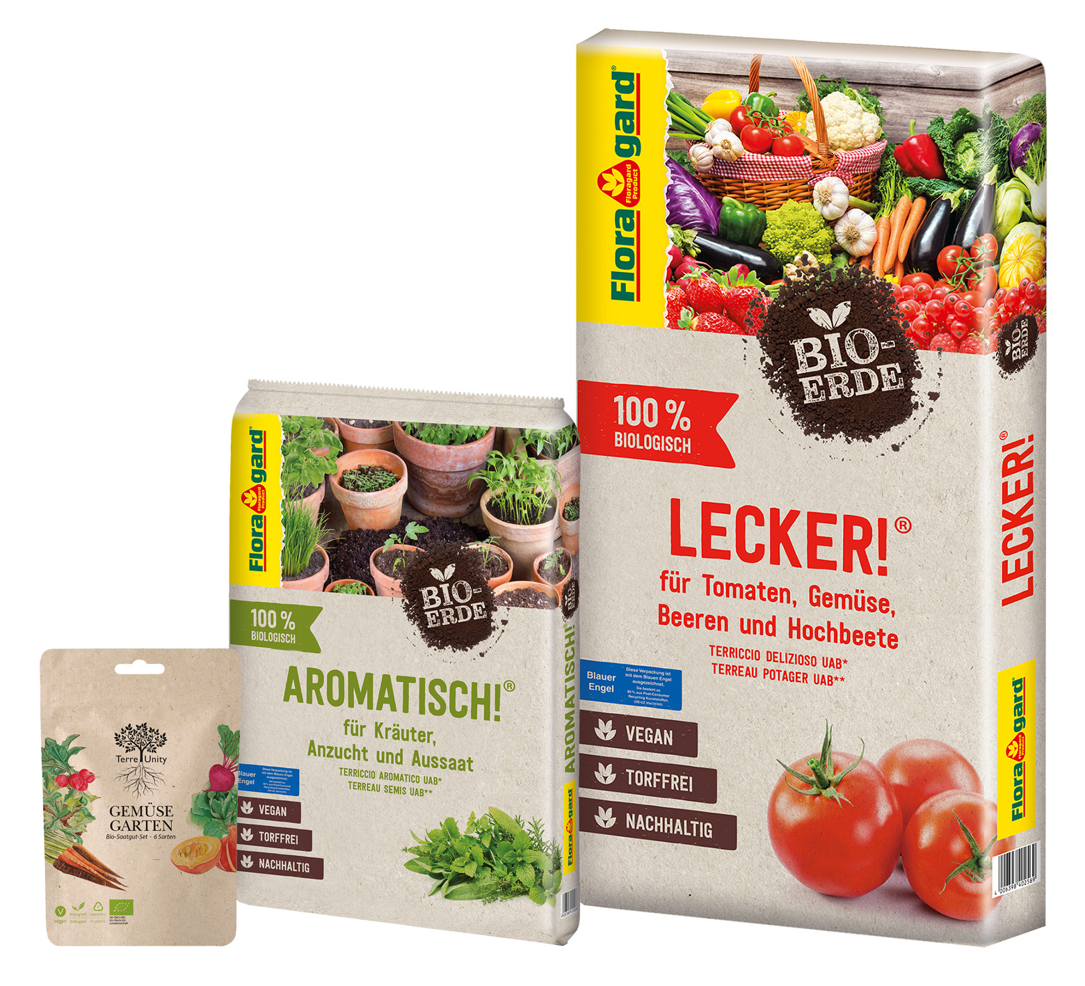 Floragard Bio-Erde Aromatisch 1x10 L und Bio-Erde Lecker 1x40 L & Terre Unity Bio Gemüsegarten