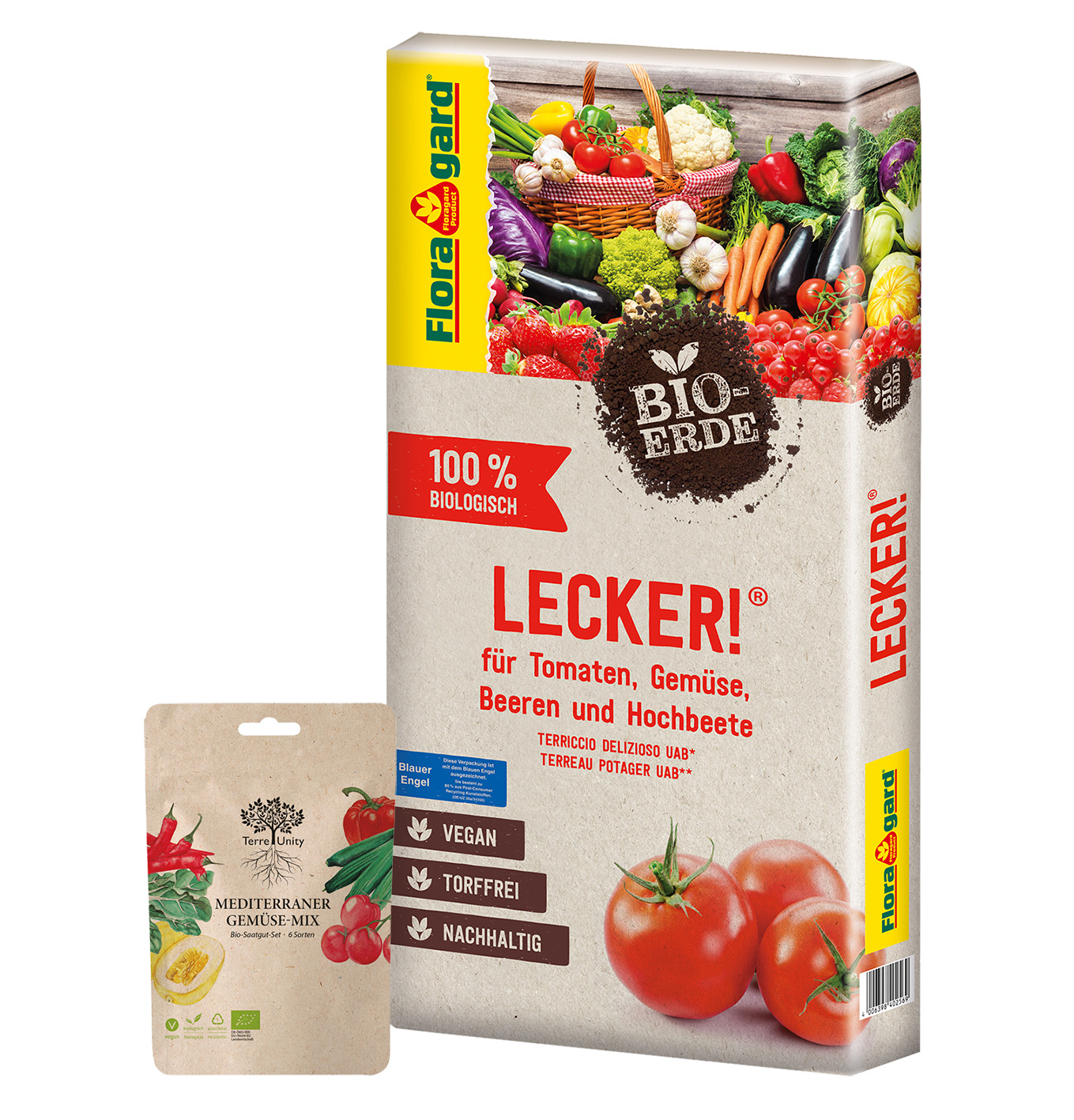 Floragard Bio Erde Lecker 40 L & Terre Unity Mediterraner Gemüse-Mix Samen Bundle