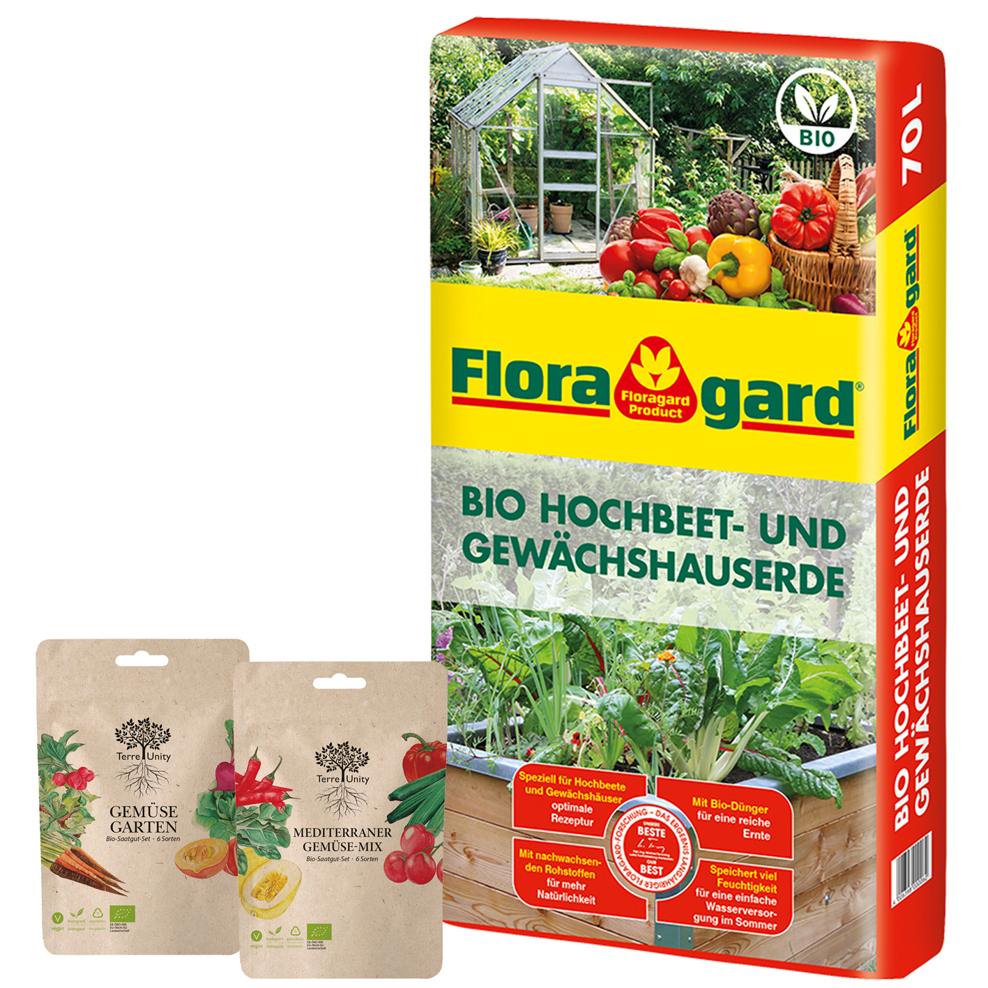 Floragard Hochbeet u. Gewächshauserde 70 L & Terre Unity Bio Gemüse- und Mediterran-Gemüse Samenset