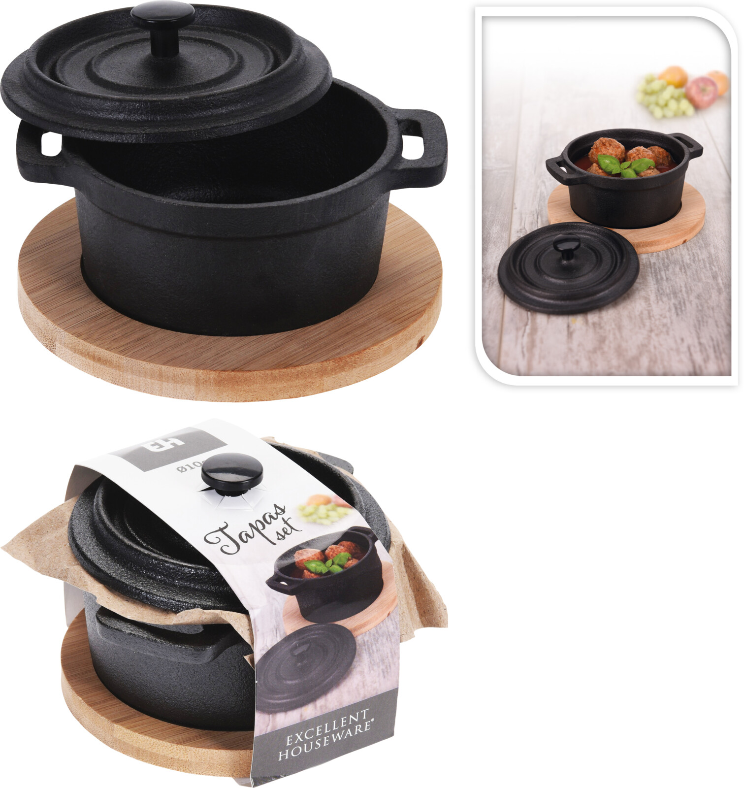 Excellent Houseware Tapas Gusseiserner Topf mit Deckel und Brettchen