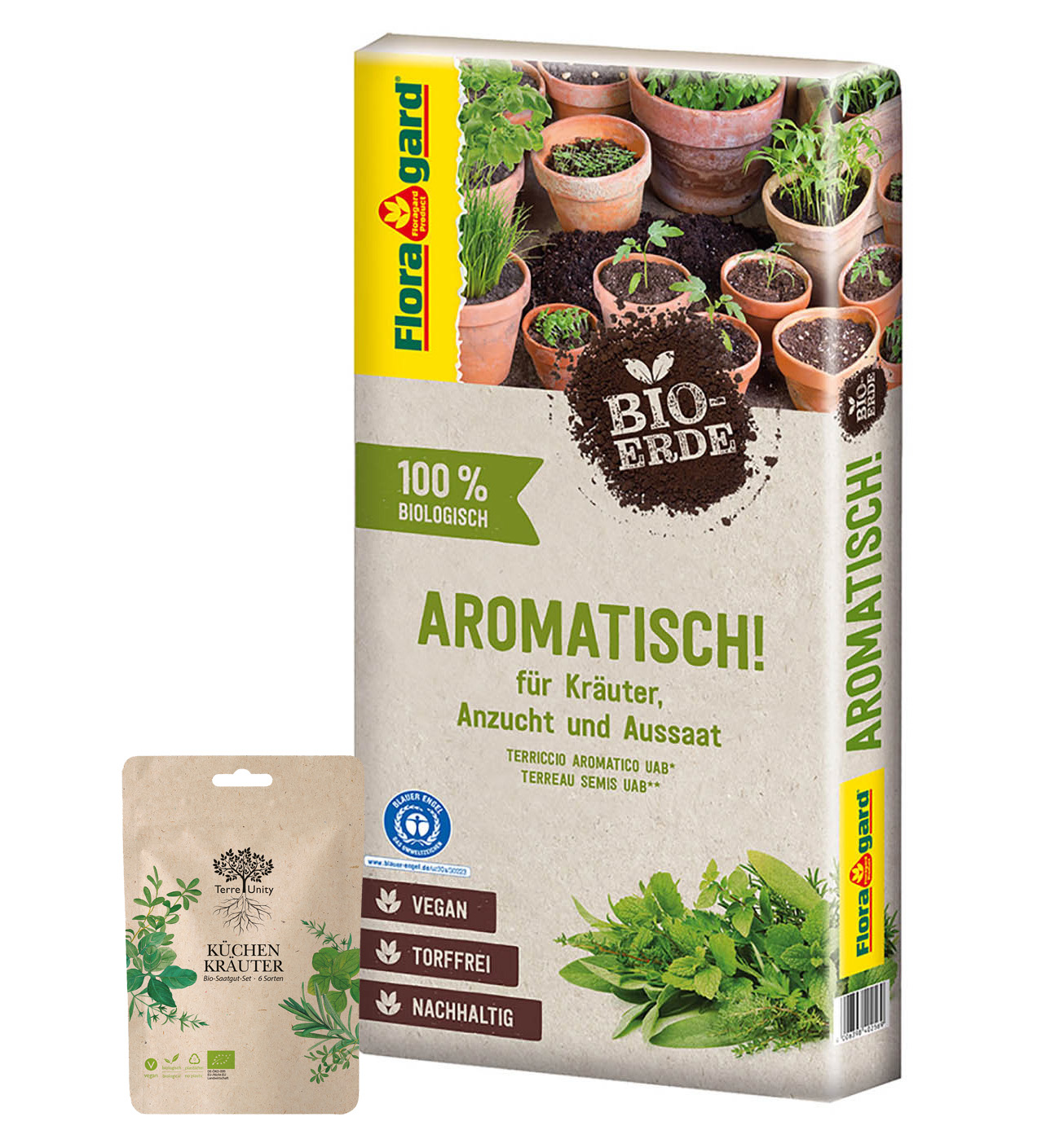 Floragard Bio Erde Aromatisch 40 Liter & Terre Unity Küchenkräuter Samen Bundle