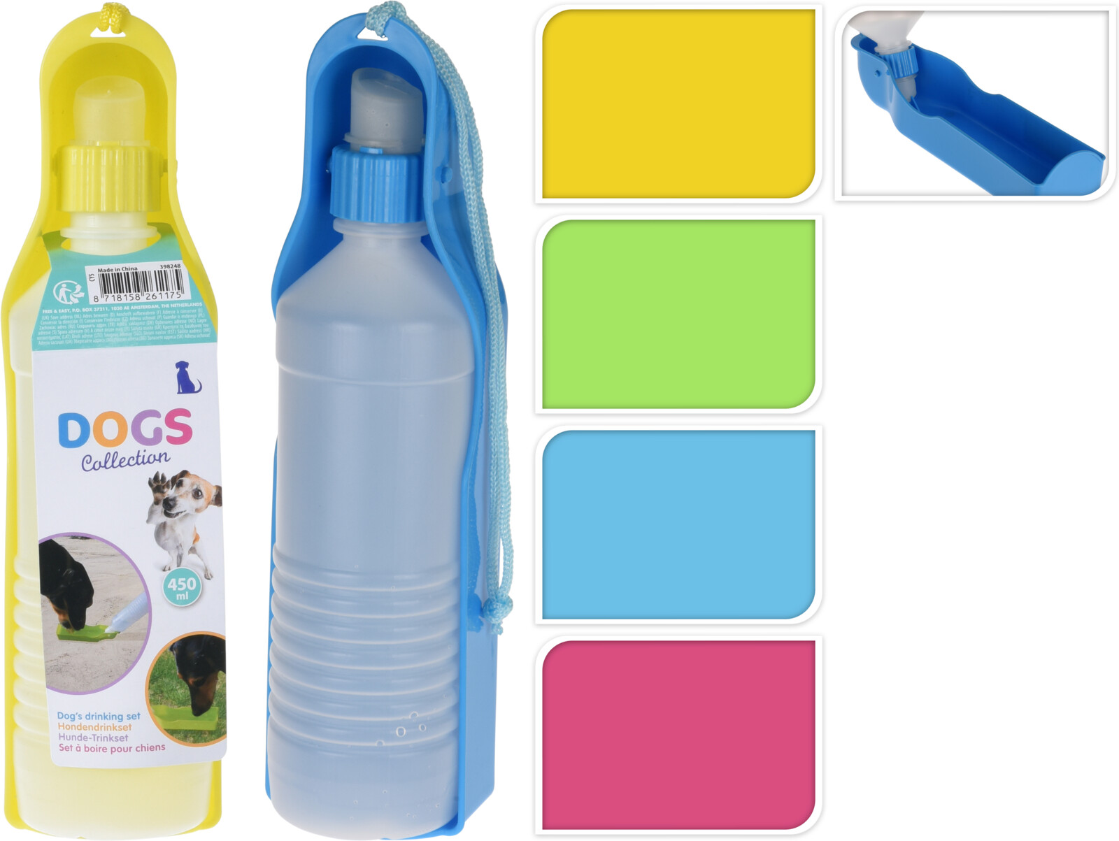 Koopman Hunde-Trinkset Flasche mit Halter/Gefäss in 4 Farben 450 ml