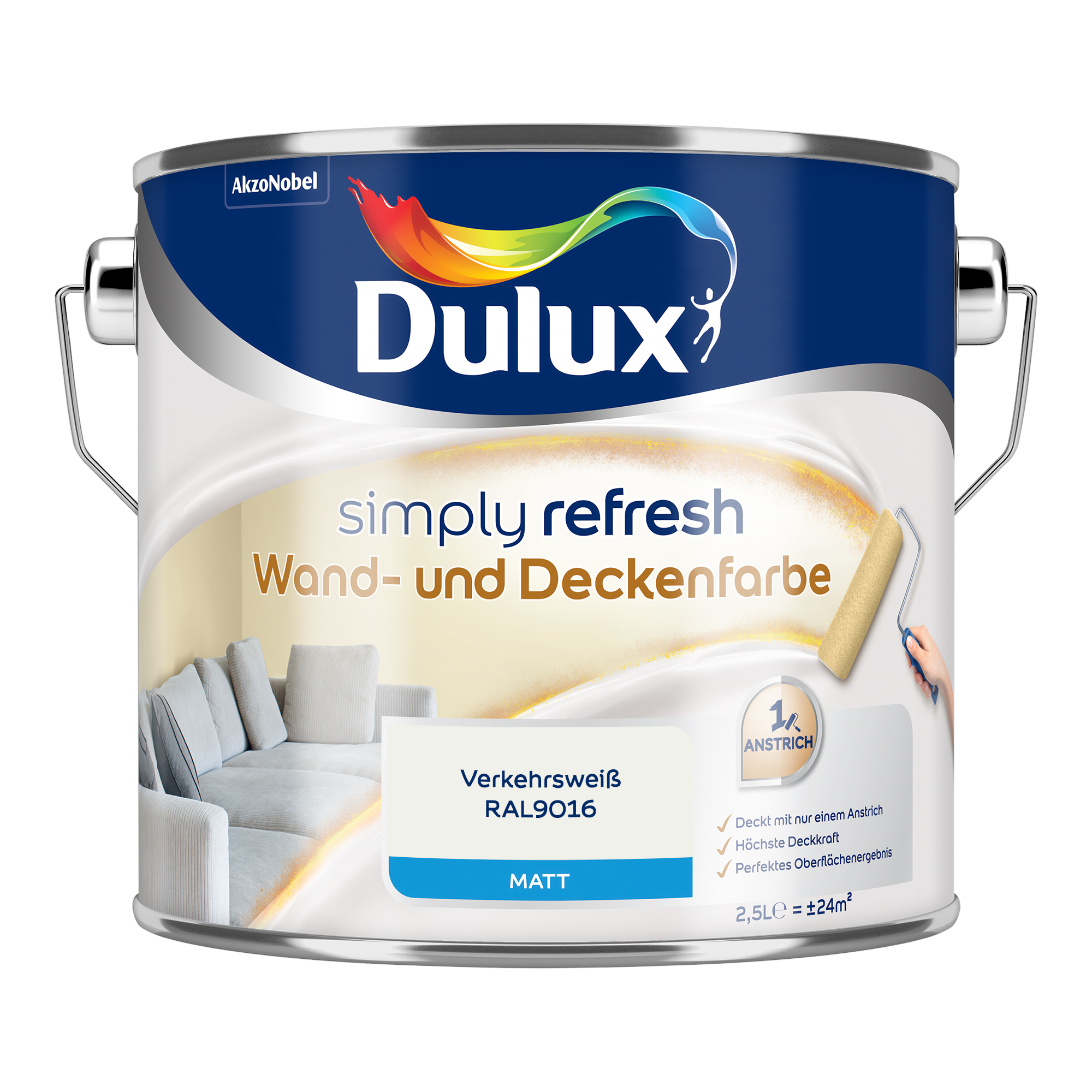Dulux Simply Refresh Wand- und Deckenfarbe 2,5 L matt verkehrsweiß RAL9016