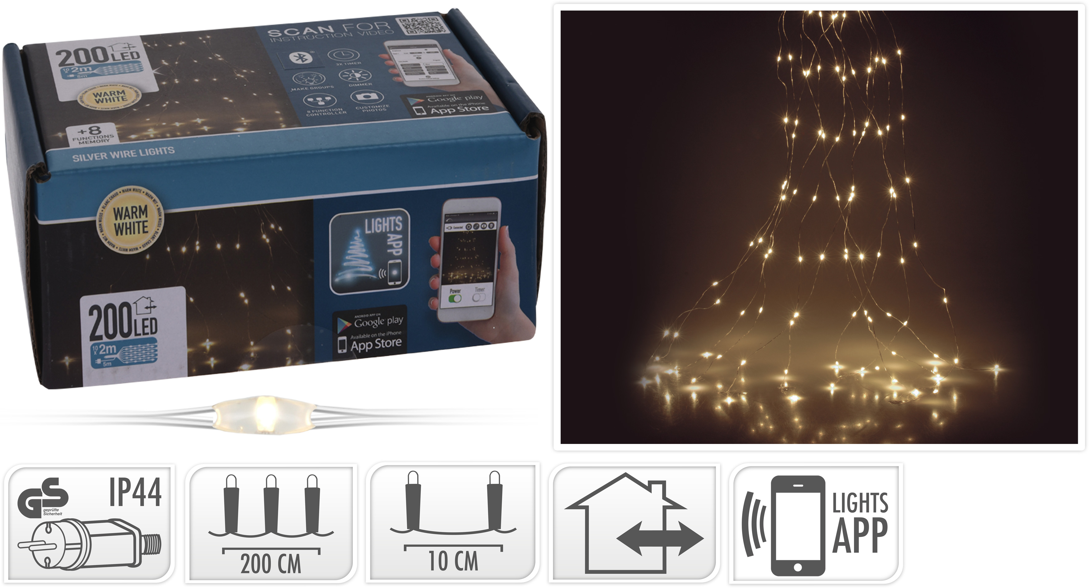Koopman Silberdraht Lichterkette 200 LED warmweiß