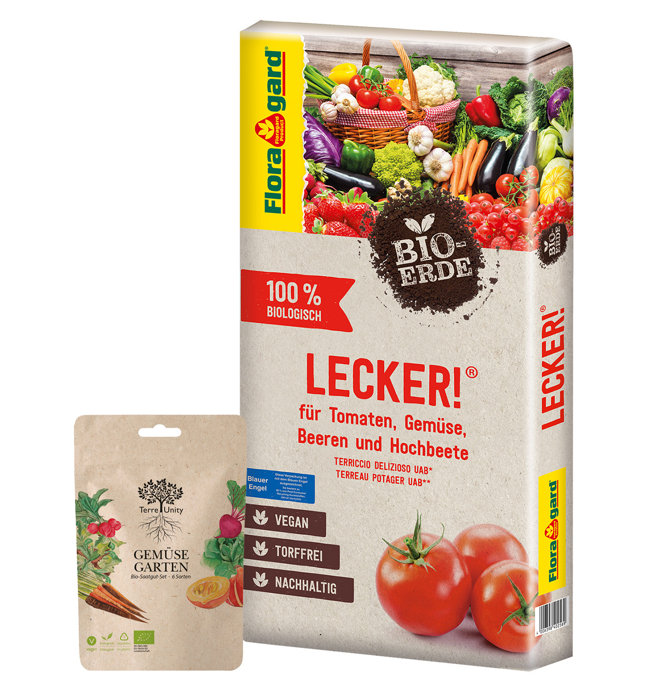 Floragard Bio Erde Lecker 40 L & Terre Unity Bio Gemüsegarten-Samen Bundle